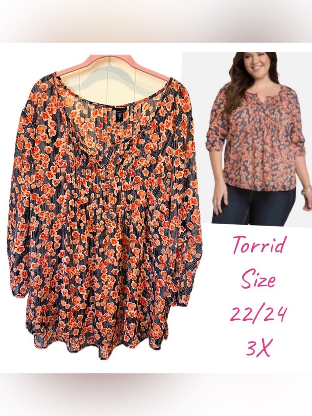 Torrid Blue and Orange Floral Top Womens 3X Boho Sheer Pleated